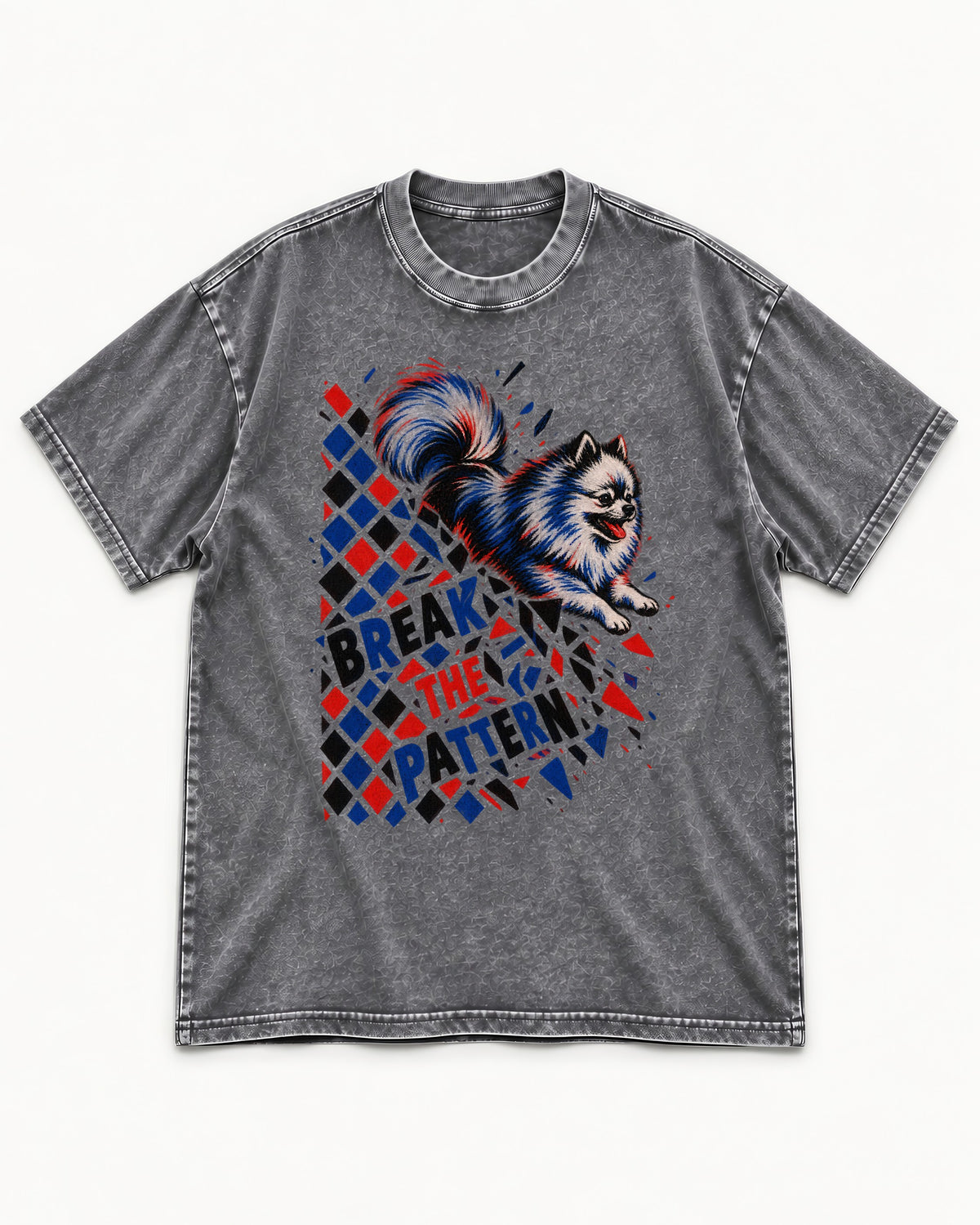 Pomeranian Break the Pattern Washed Tee in Gray, flat lay product photo