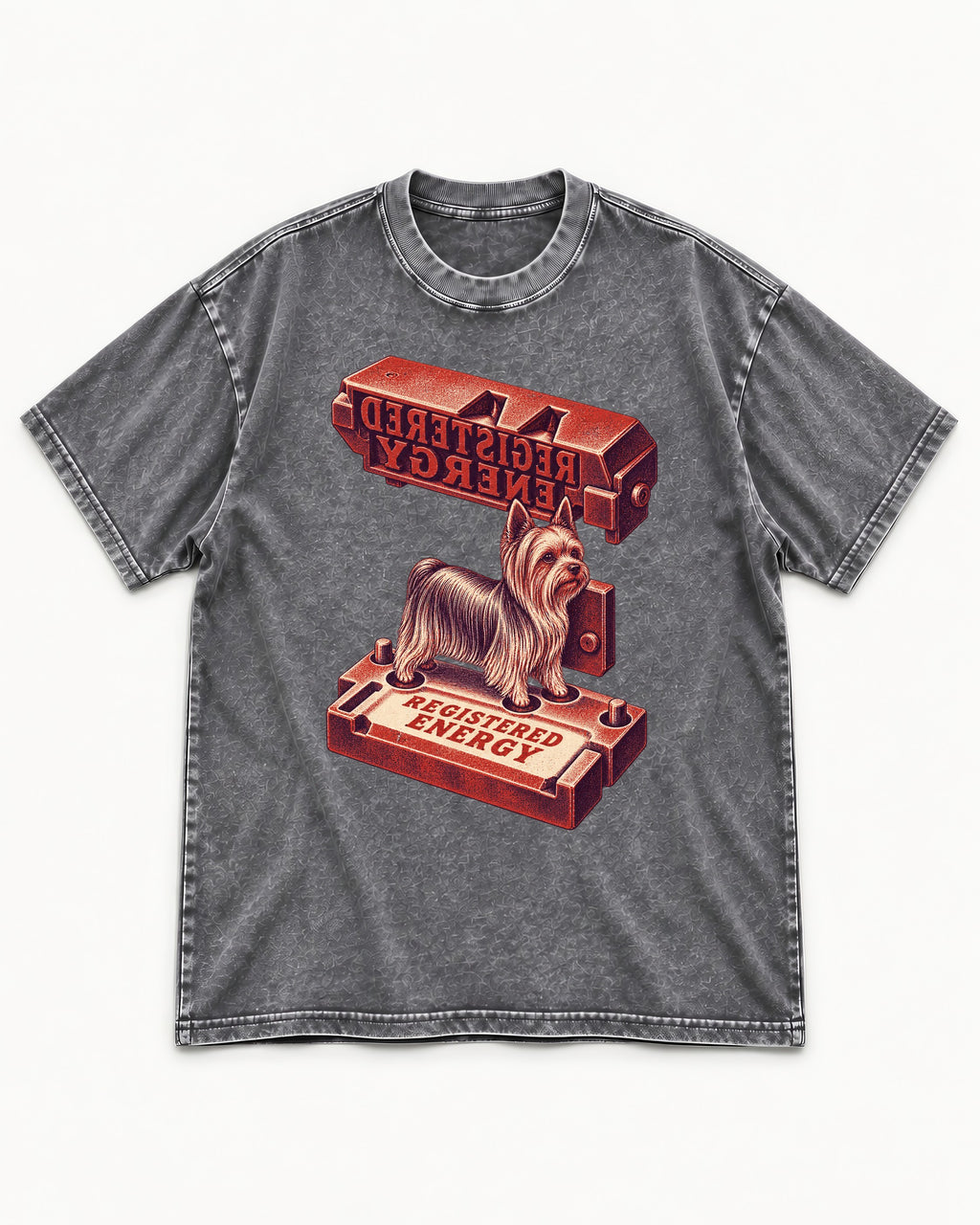 Yorkshire Terrier Registered Energy Stamp Press Graphic Washed Tee in Gray, flat lay product photo