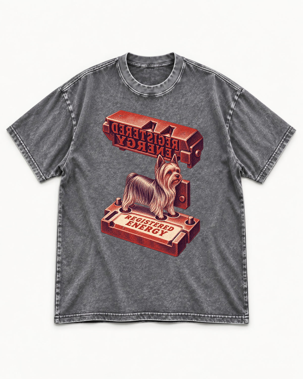 Yorkshire Terrier Registered Energy Stamp Press Graphic Washed Tee in Gray, flat lay product photo