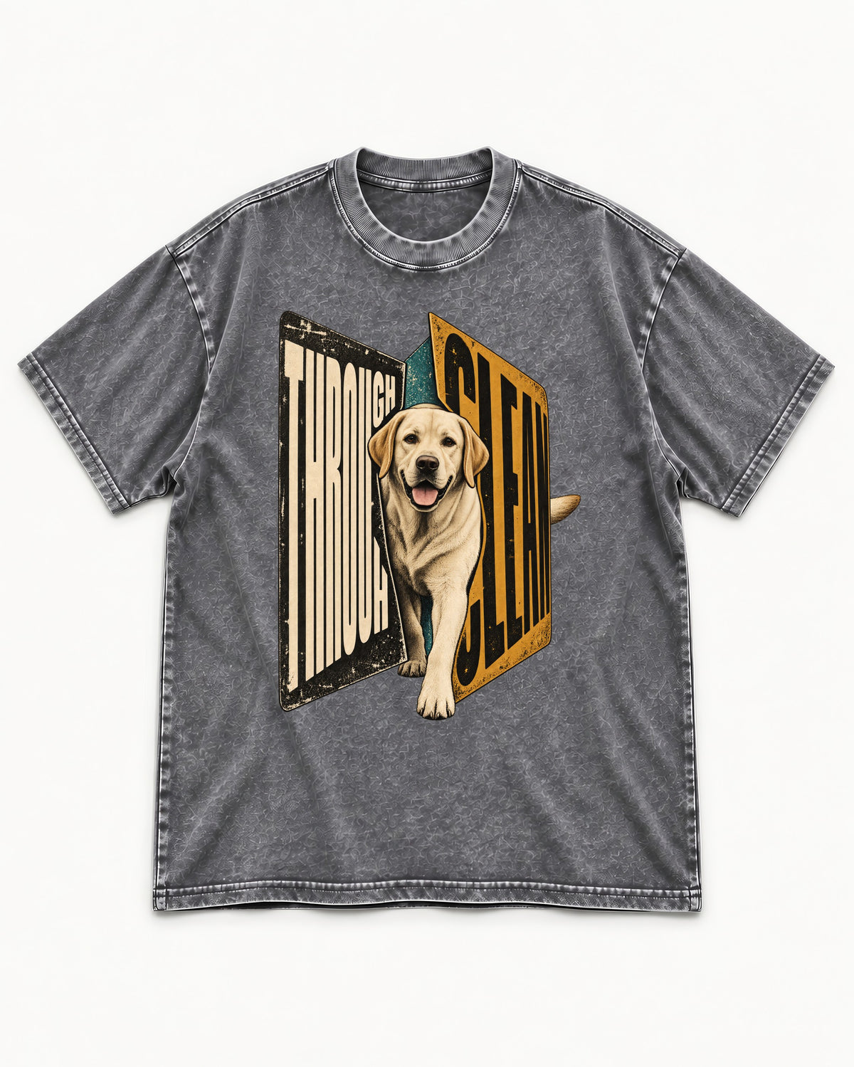 Labrador Retriever Through Steel Split Sign Graphic Washed Tee in Gray, flat lay product photo