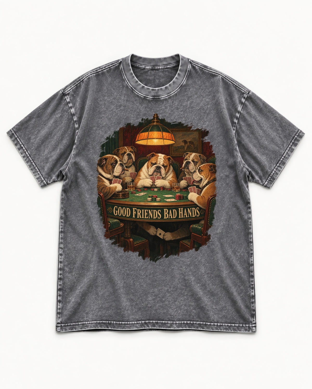 English Bulldog Good Friends Bad Hands Poker Graphic Washed Tee in Gray, flat lay product photo