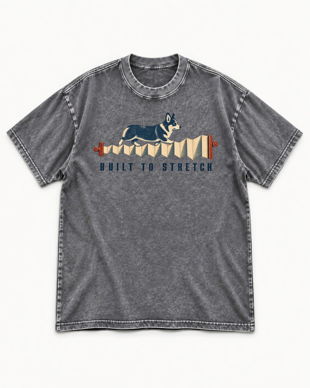Corgi Built to Stretch Accordion Graphic Washed Tee in Gray, flat lay product photo