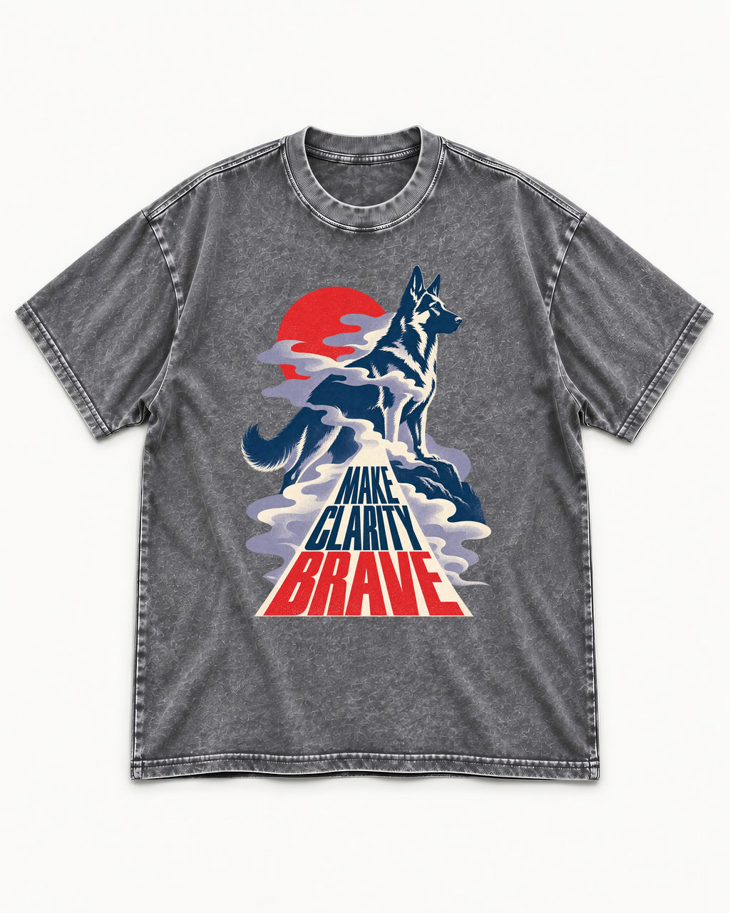 Make Clarity Brave Mountain German Shepherd Dog Graphic Washed Tee in Gray, flat lay product photo
