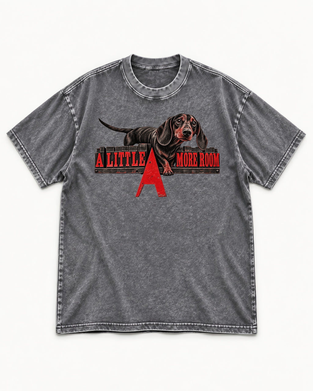 More Room for Dachshund Washed Tee in Gray, flat lay product photo