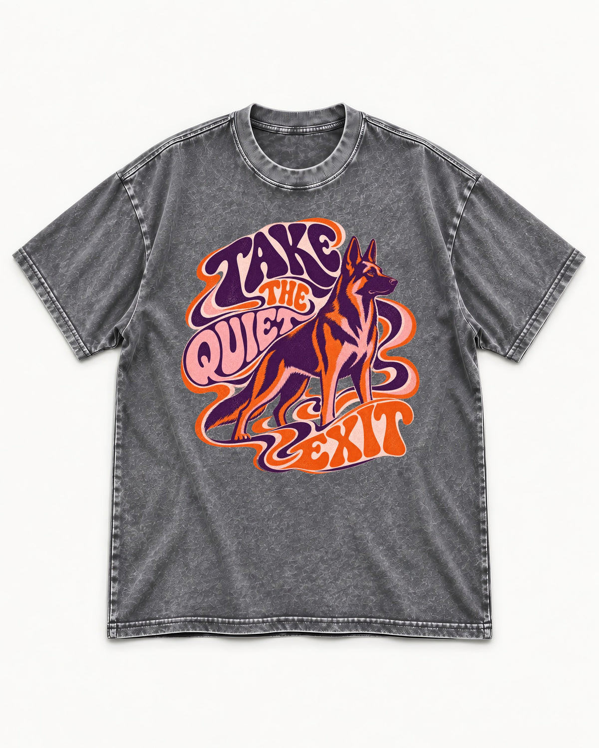 Take The Quiet Exit Psychedelic German Shepherd Dog Graphic Washed Tee in Gray, flat lay product photo