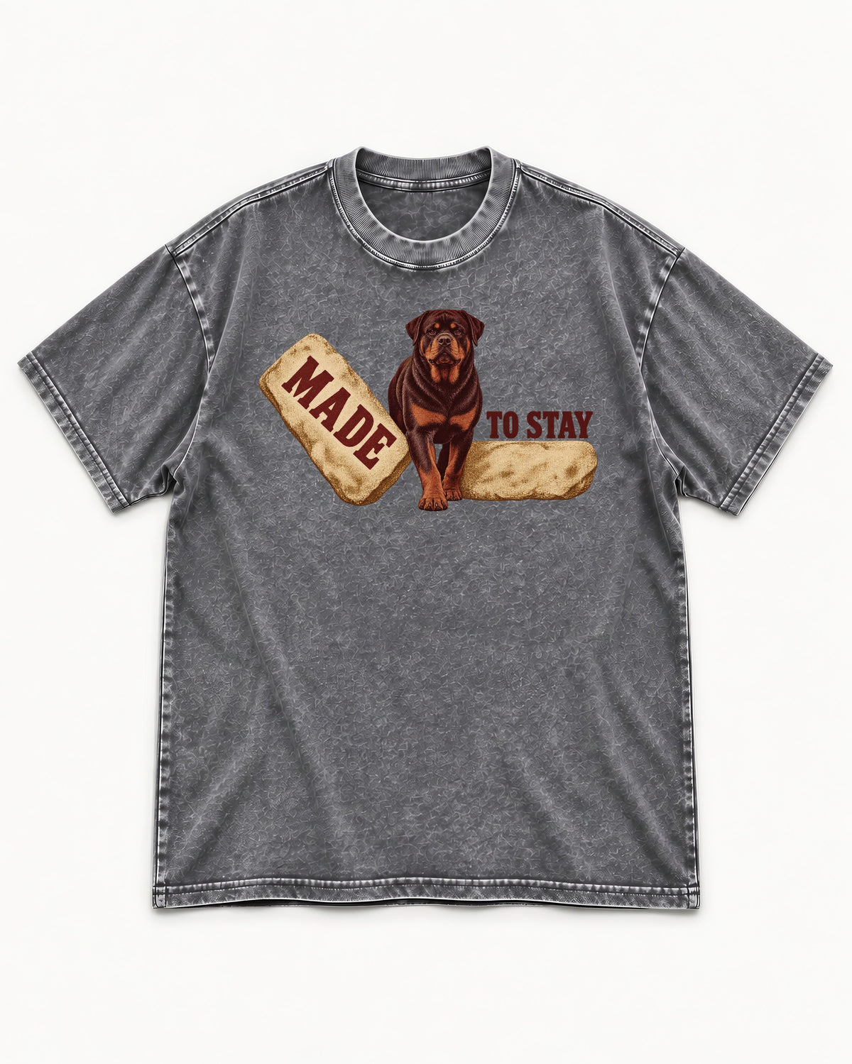 Rottweiler Made to Stay Stepping Stone Graphic Washed Tee in Gray, flat lay product photo