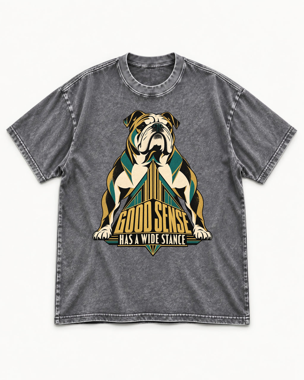 Good Sense Has a Wide Stance English Bulldog Graphic Washed Tee in Gray, flat lay product photo