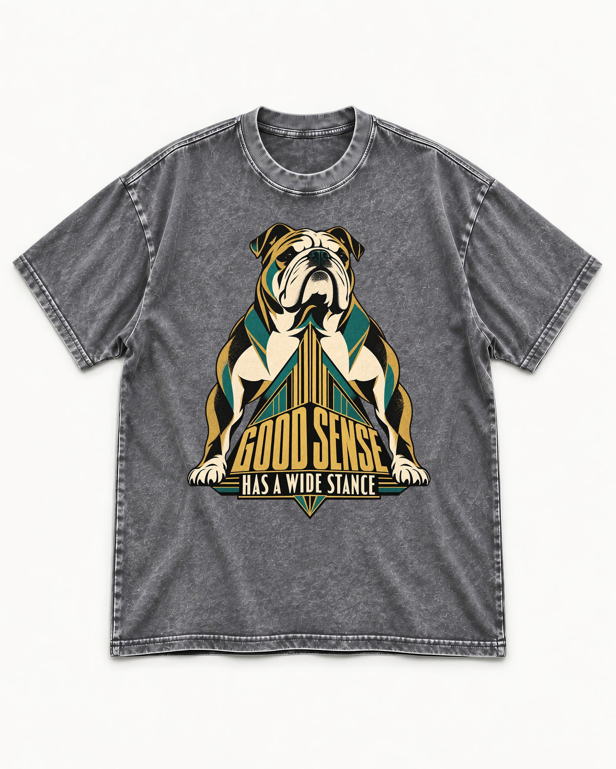 Good Sense Has a Wide Stance English Bulldog Graphic Washed Tee in Gray, flat lay product photo