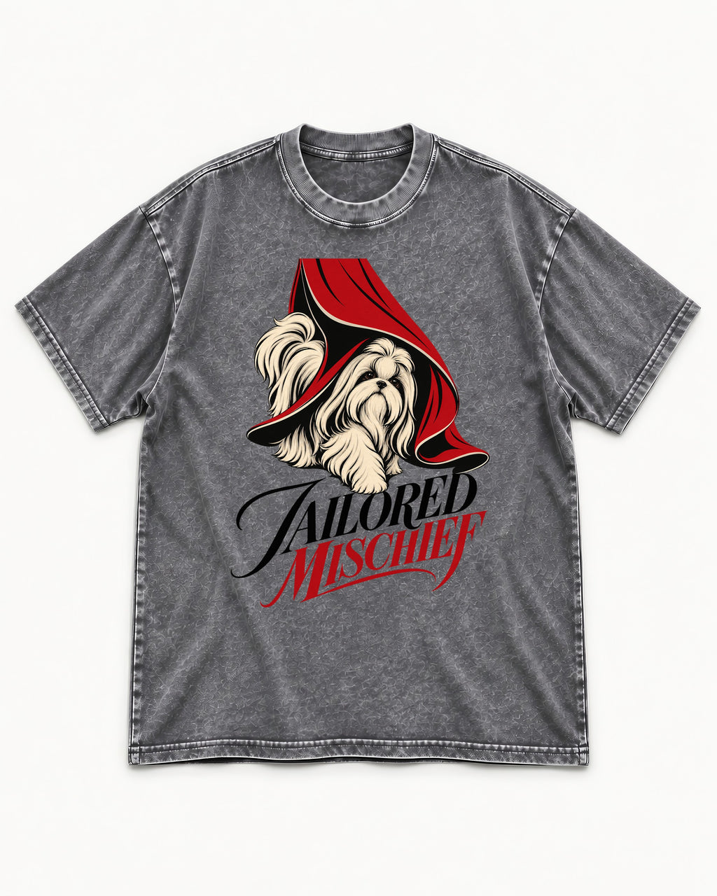 Tailored Mischief Shih Tzu Washed Tee in Gray, flat lay product photo