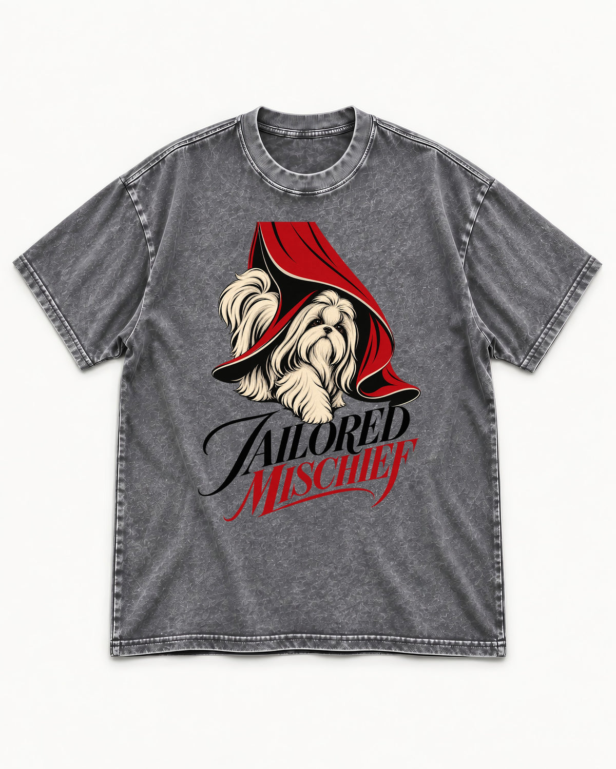Tailored Mischief Shih Tzu Washed Tee in Gray, flat lay product photo