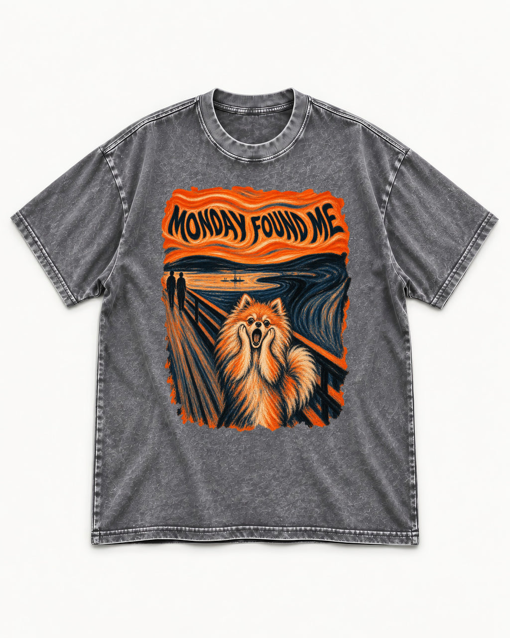 Pomeranian Monday Found Me Scream Parody Graphic Washed Tee in Gray, flat lay product photo