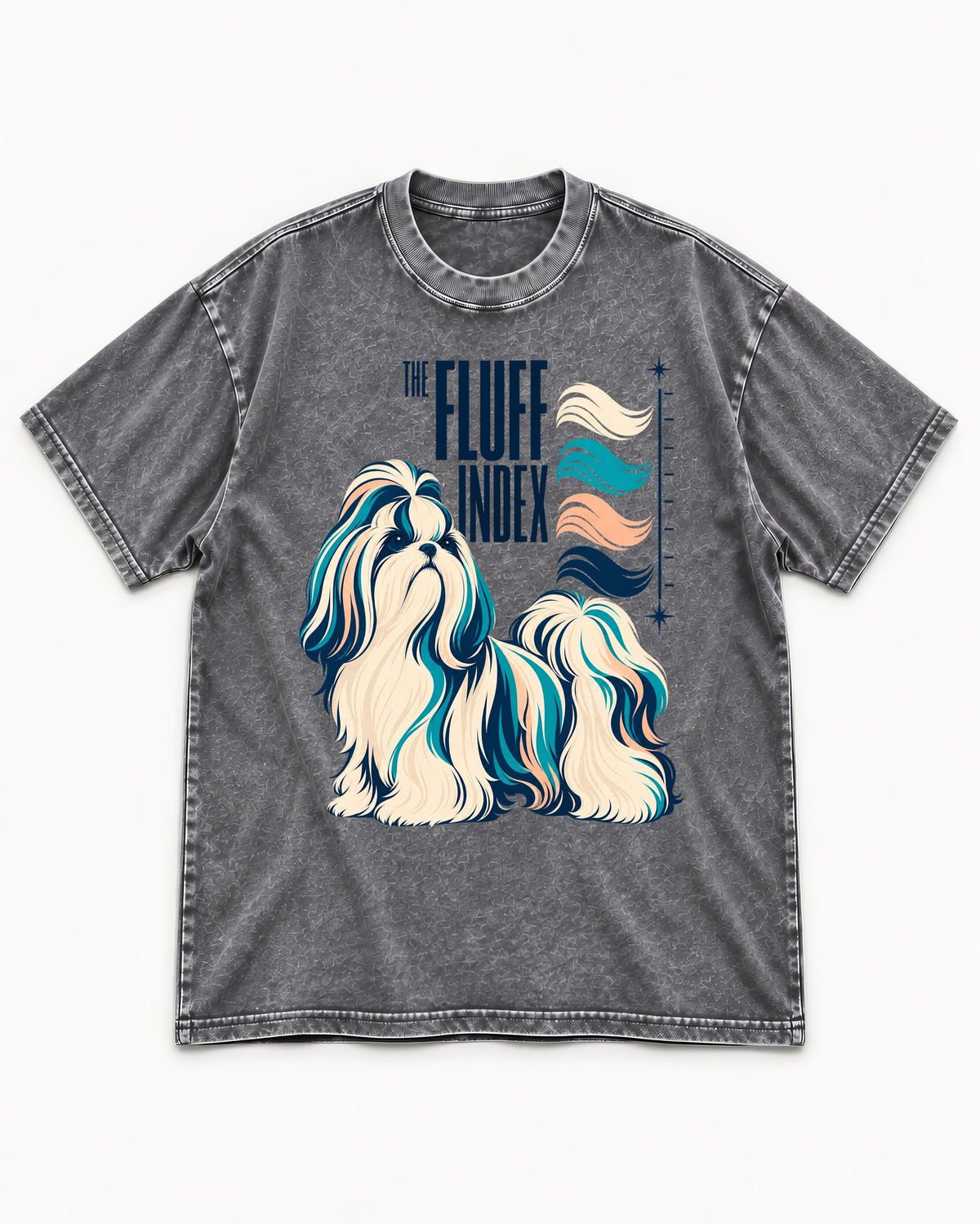 Shih Tzu The Fluff Index Coat Color Chart Graphic Washed Tee in Gray, flat lay product photo