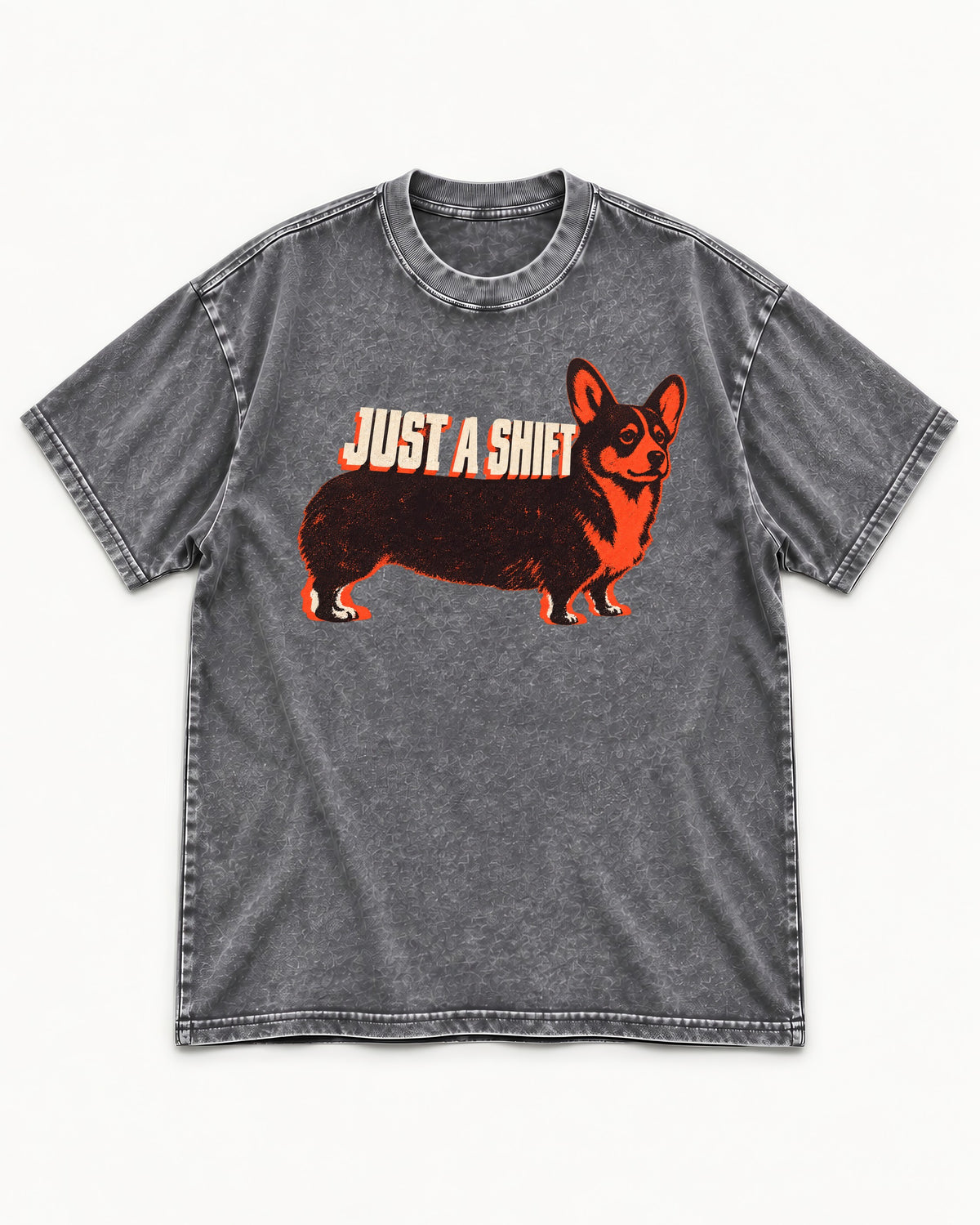 Corgi Just a Shift Typographic Graphic Washed Tee in Gray, flat lay product photo