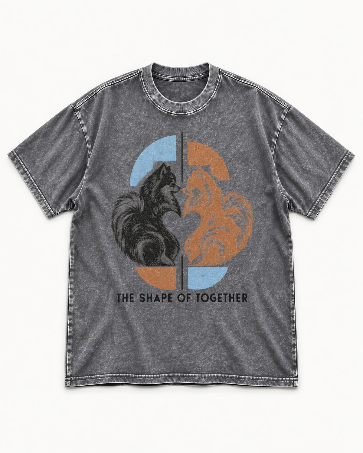 Pomeranian The Shape of Together Washed Tee in Gray, flat lay product photo