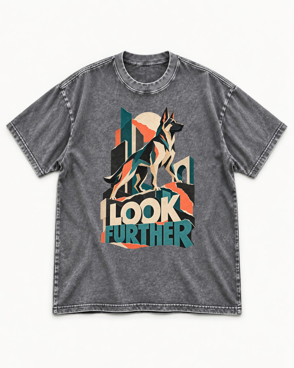 Look Further German Shepherd Dog Washed Tee in Gray, flat lay product photo
