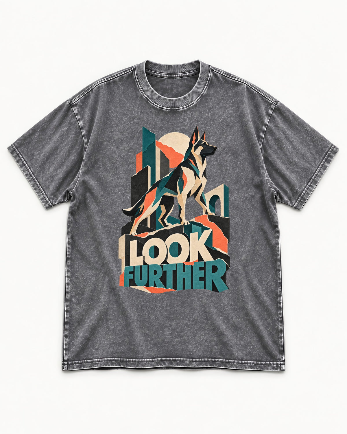 Look Further German Shepherd Dog Washed Tee in Gray, flat lay product photo