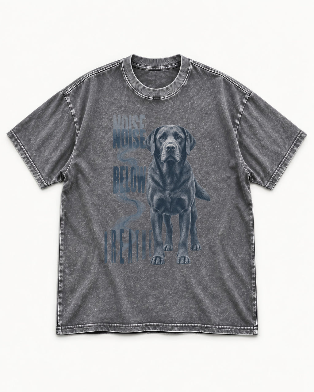 Labrador Retriever Breathe Below the Noise Washed Tee in Gray, flat lay product photo