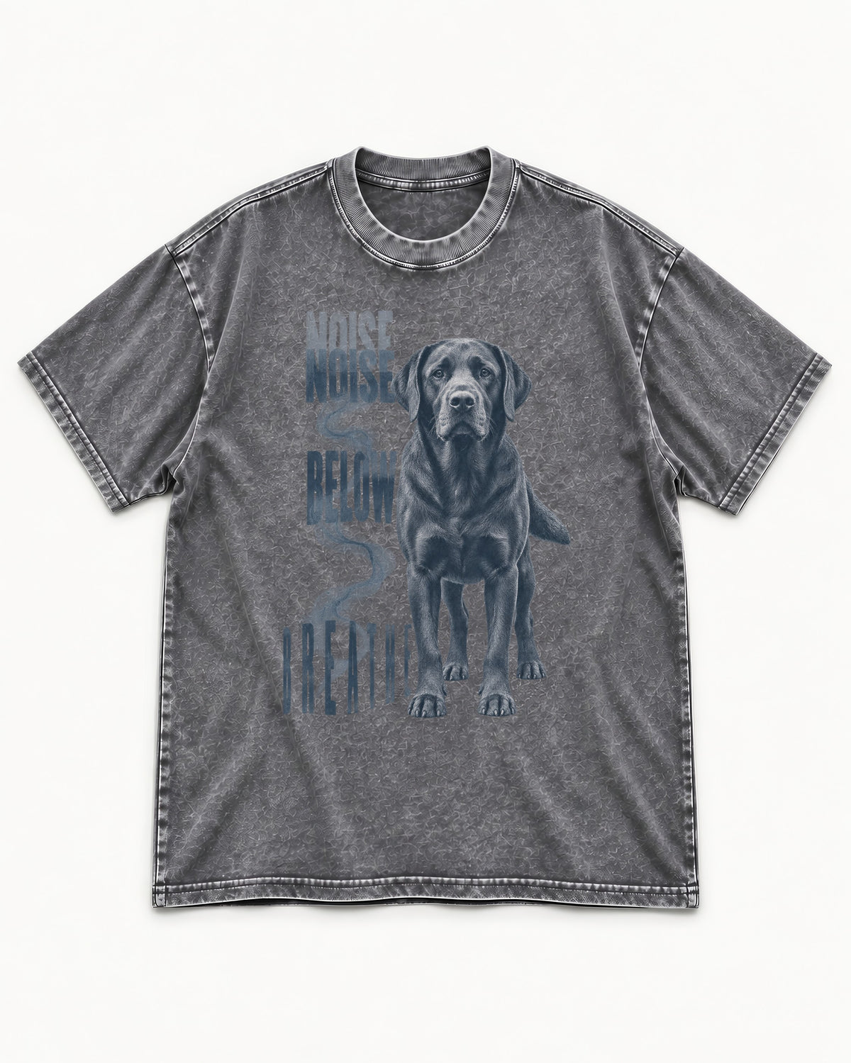 Labrador Retriever Breathe Below the Noise Washed Tee in Gray, flat lay product photo