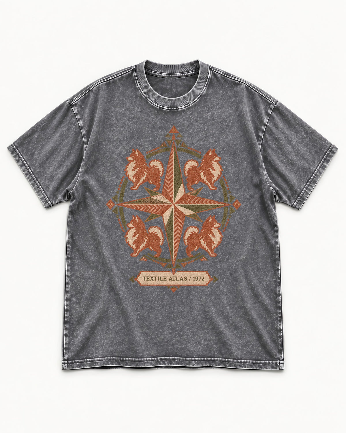 Pomeranian Textile Atlas Compass Rose Graphic Washed Tee in Gray, flat lay product photo
