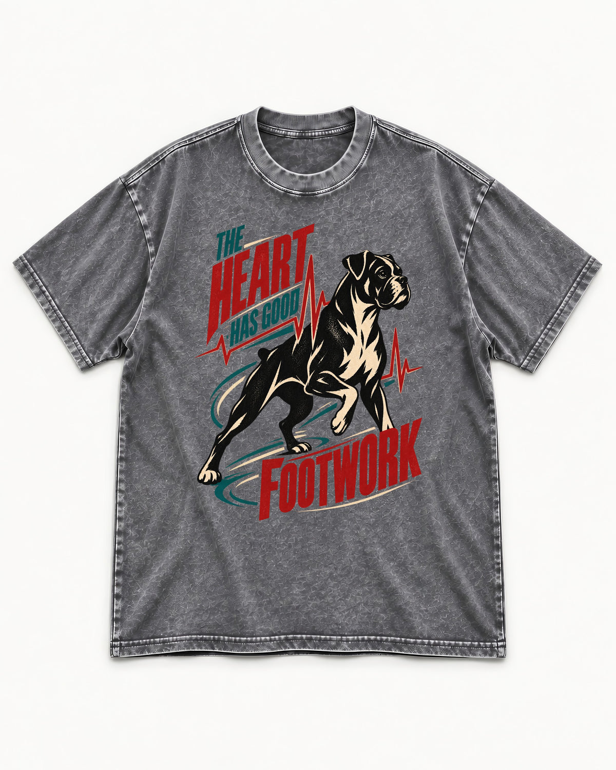 Boxer Heart Has Good Footwork Washed Tee in Gray, flat lay product photo