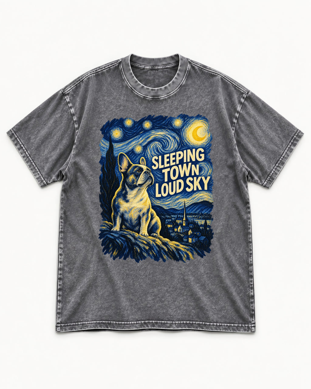Frenchie Sleeping Town Loud Sky Graphic Washed Tee in Gray, flat lay product photo