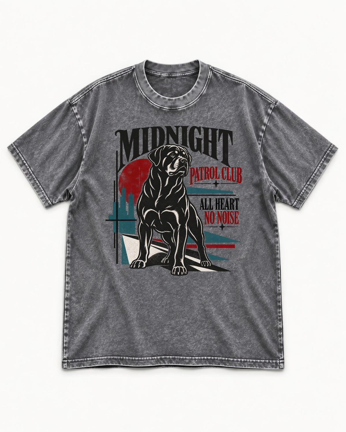 Rottweiler Midnight Patrol Club Washed Tee in Gray, flat lay product photo