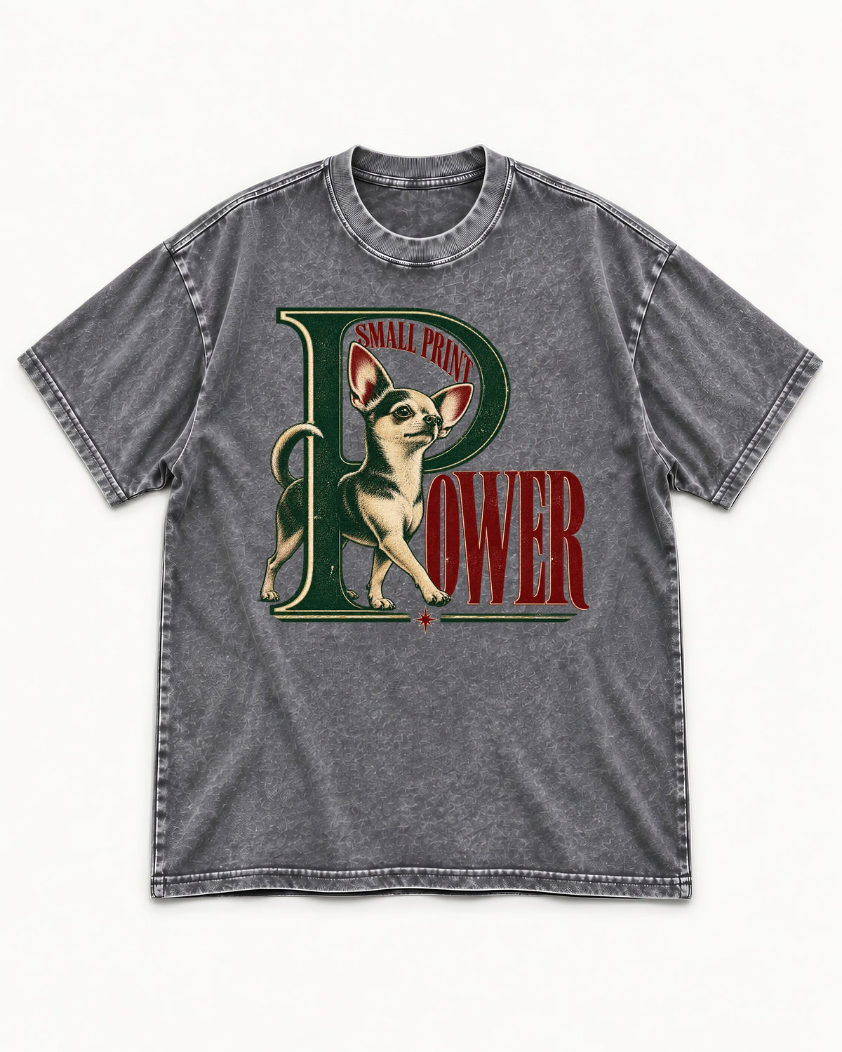 Chihuahua Small Print Power Monogram Graphic Washed Tee in Gray, flat lay product photo