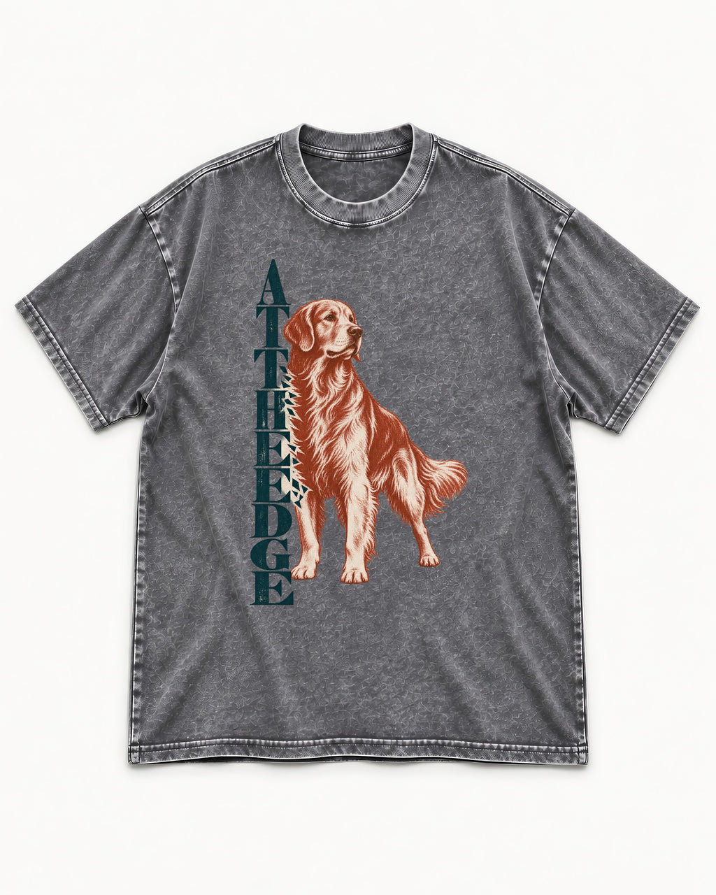 Golden Retriever At the Edge Washed Tee in Gray, flat lay product photo