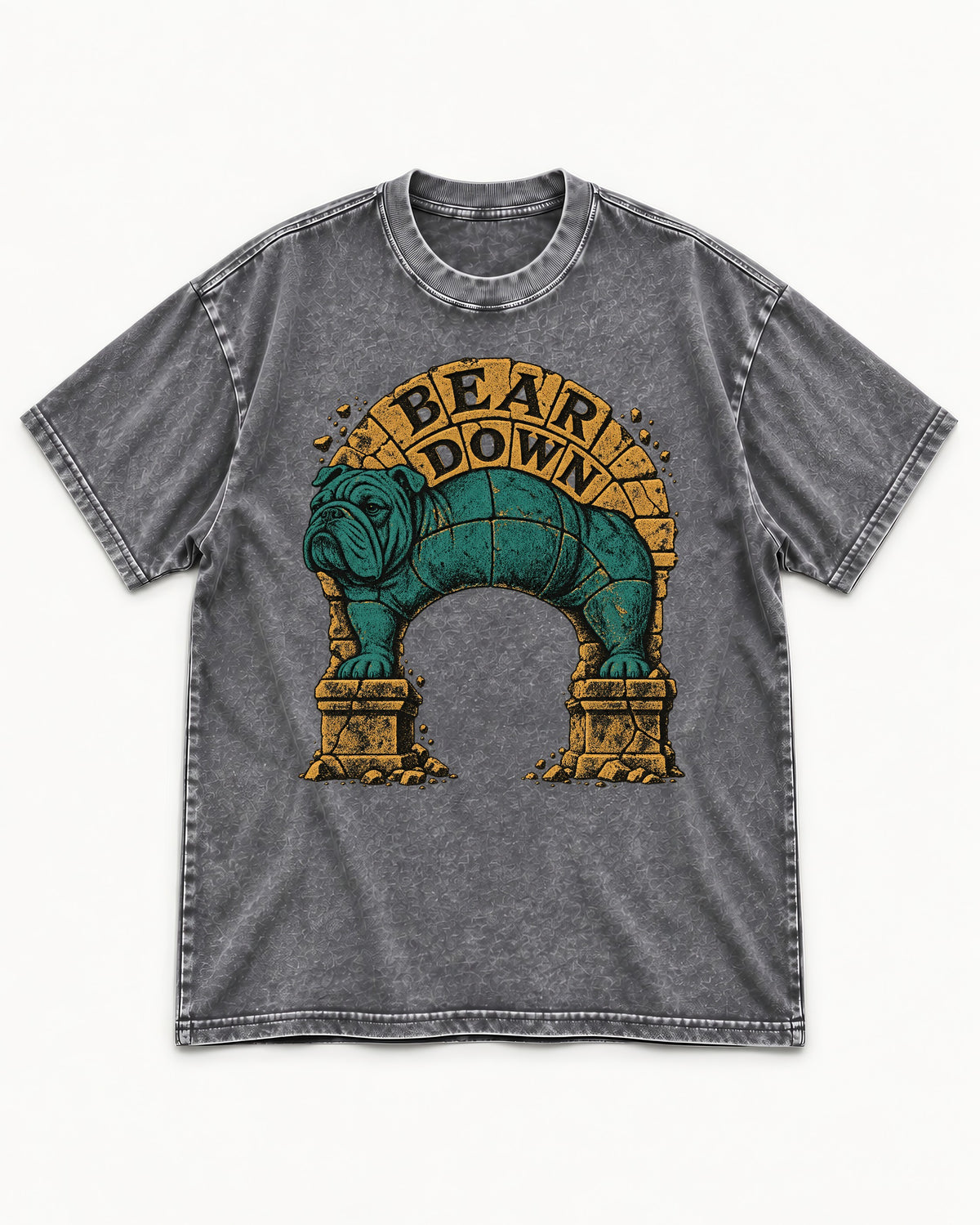 English Bulldog Bear Down Stone Arch Graphic Washed Tee in Gray, flat lay product photo