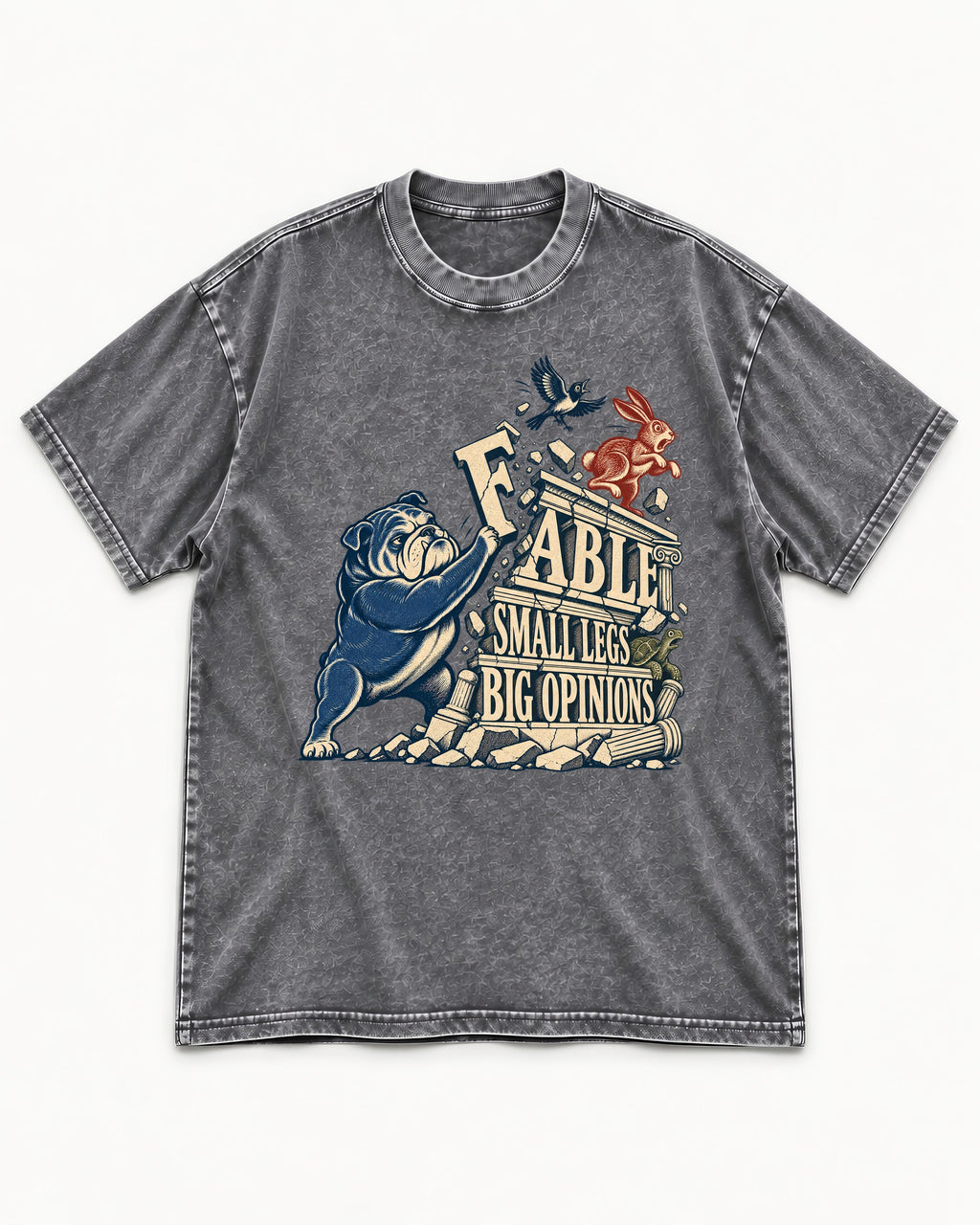 Small Legs Big Opinions English Bulldog Washed Tee in Gray, flat lay product photo
