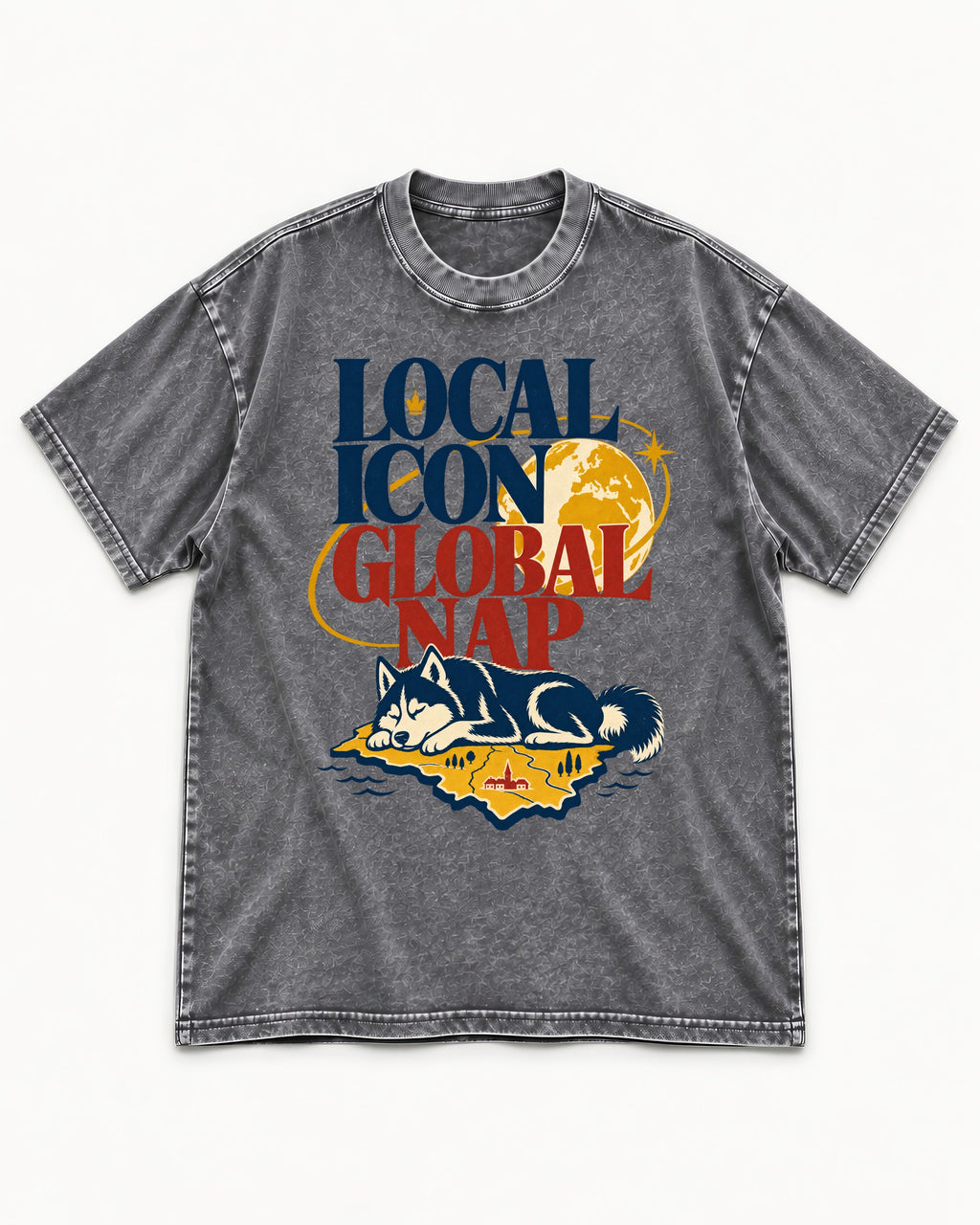 Husky Local Icon Global Nap Washed Tee in Gray, flat lay product photo