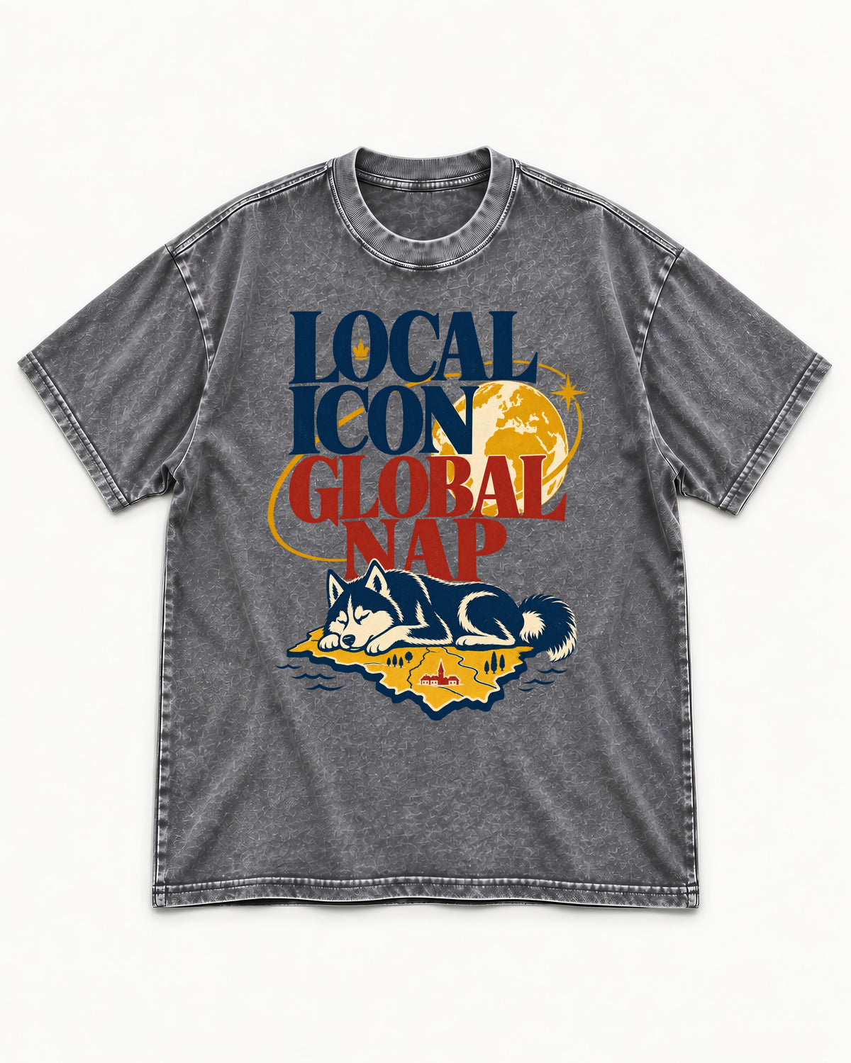 Husky Local Icon Global Nap Washed Tee in Gray, flat lay product photo