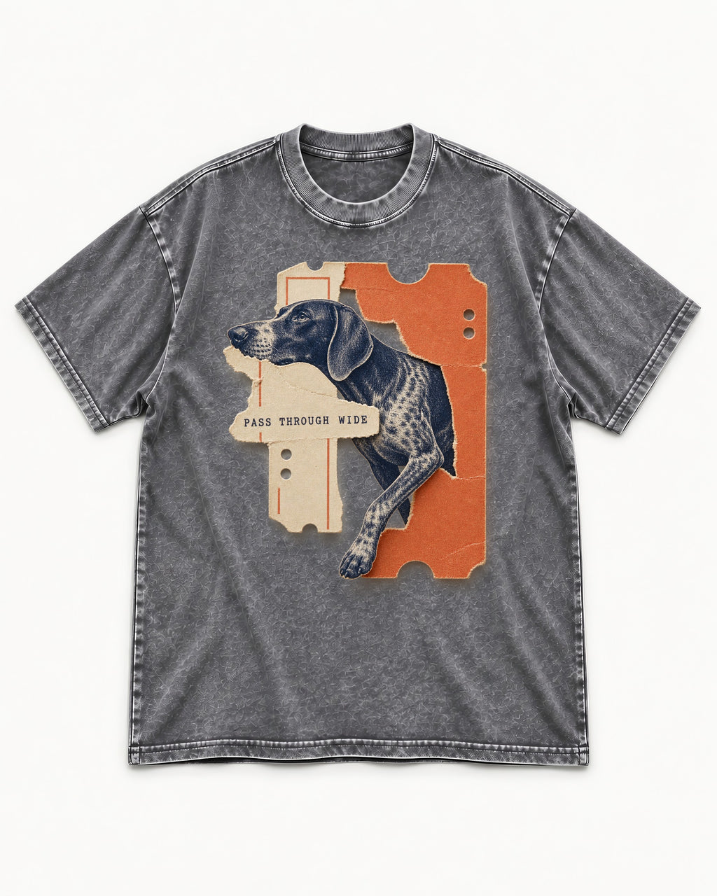 German Shorthaired Pointer Pass Through Wide Ticket Graphic Washed Tee in Gray, flat lay product photo