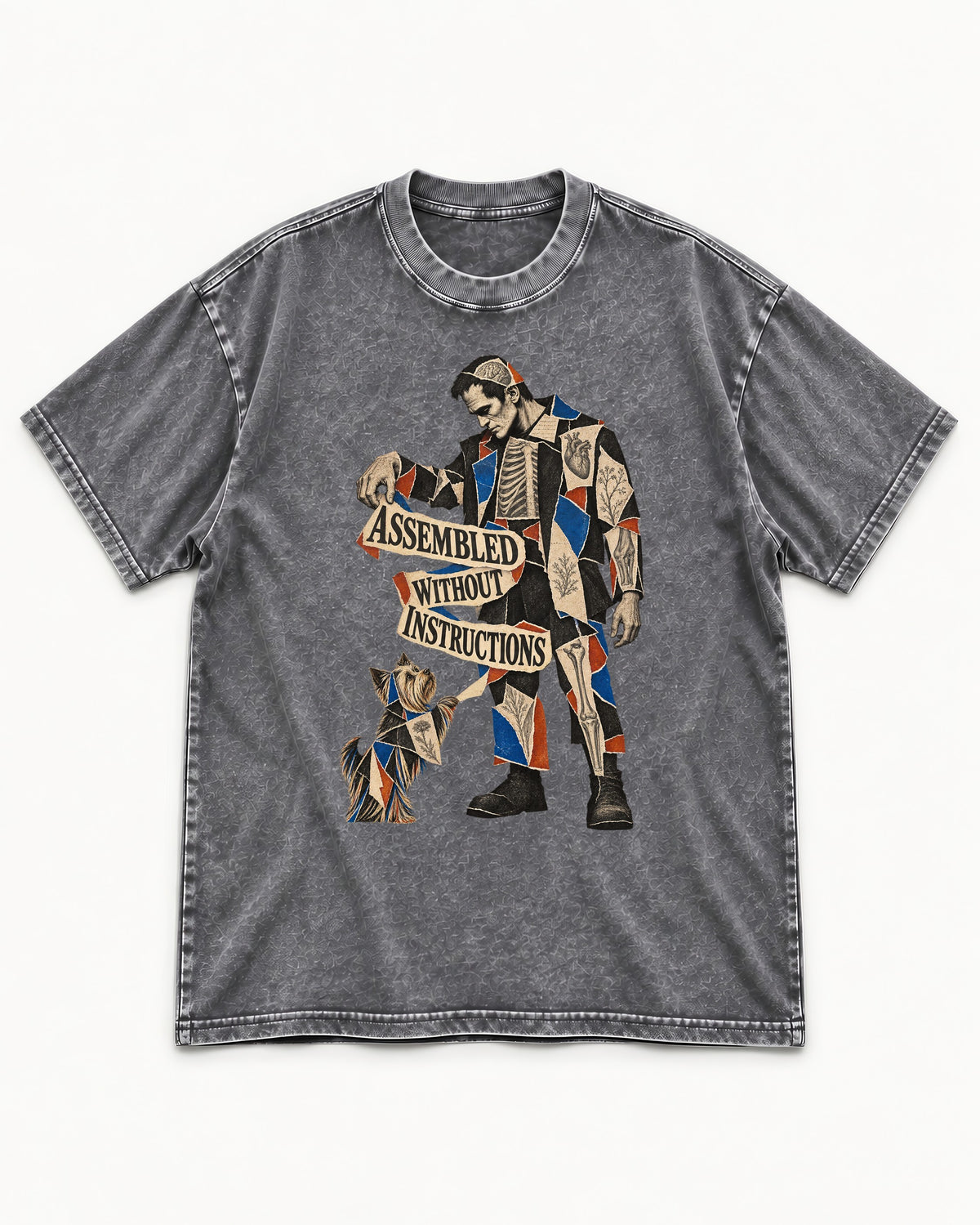 Yorkshire Terrier Assembled Without Instructions Washed Tee in Gray, flat lay product photo