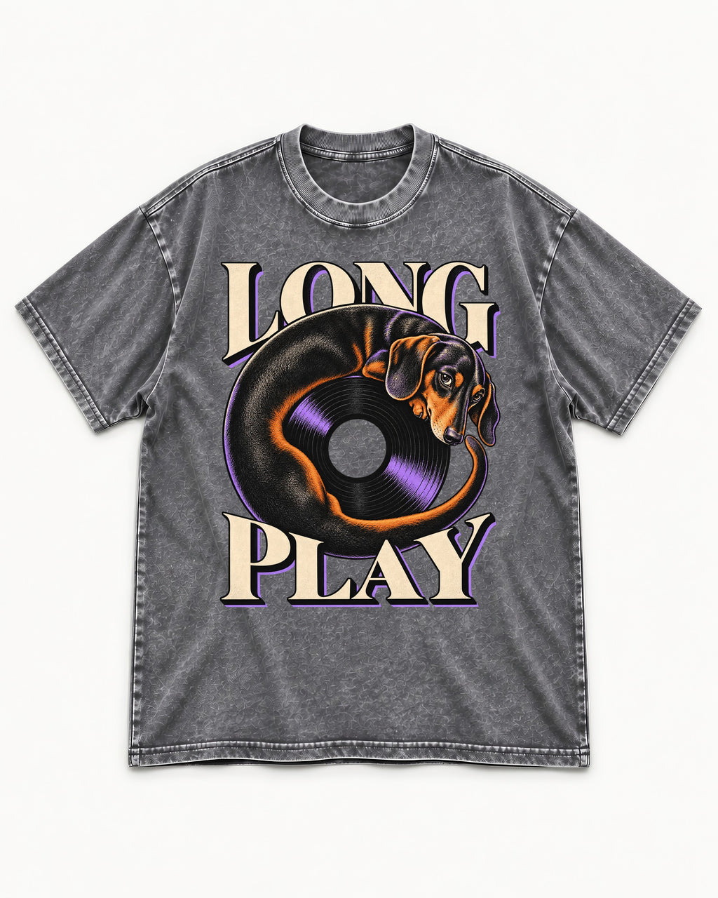 Dachshund Long Play Vinyl Record Graphic Washed Tee in Gray, flat lay product photo