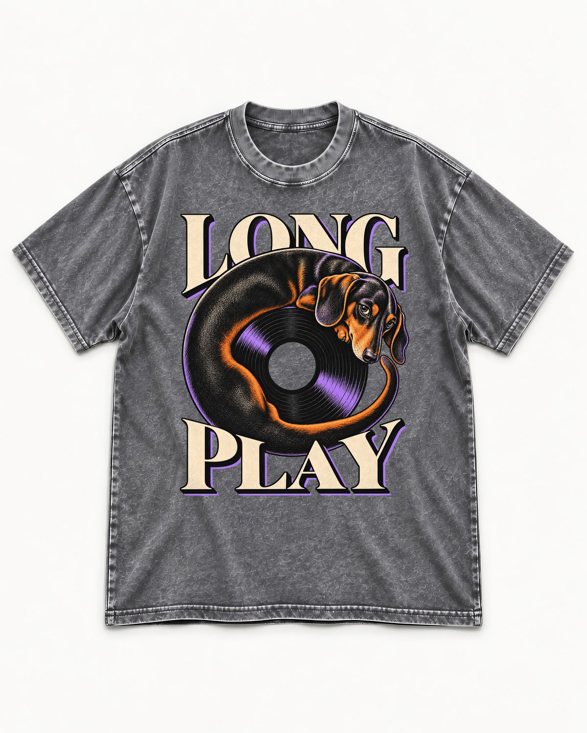 Dachshund Long Play Vinyl Record Graphic Washed Tee in Gray, flat lay product photo