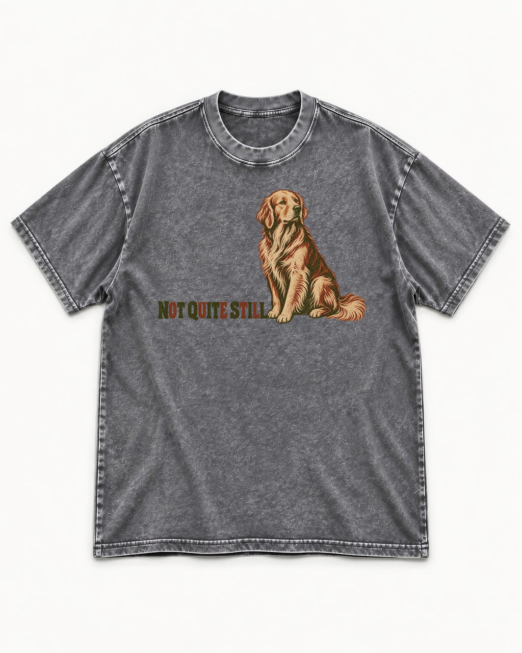Golden Retriever Not Quite Still Washed Tee in Gray, flat lay product photo