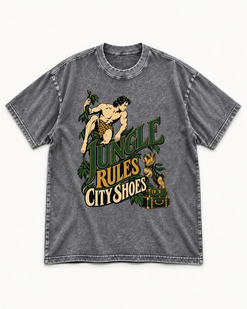 Jungle Rules City Shoes Yorkshire Terrier Washed Tee in Gray, flat lay product photo