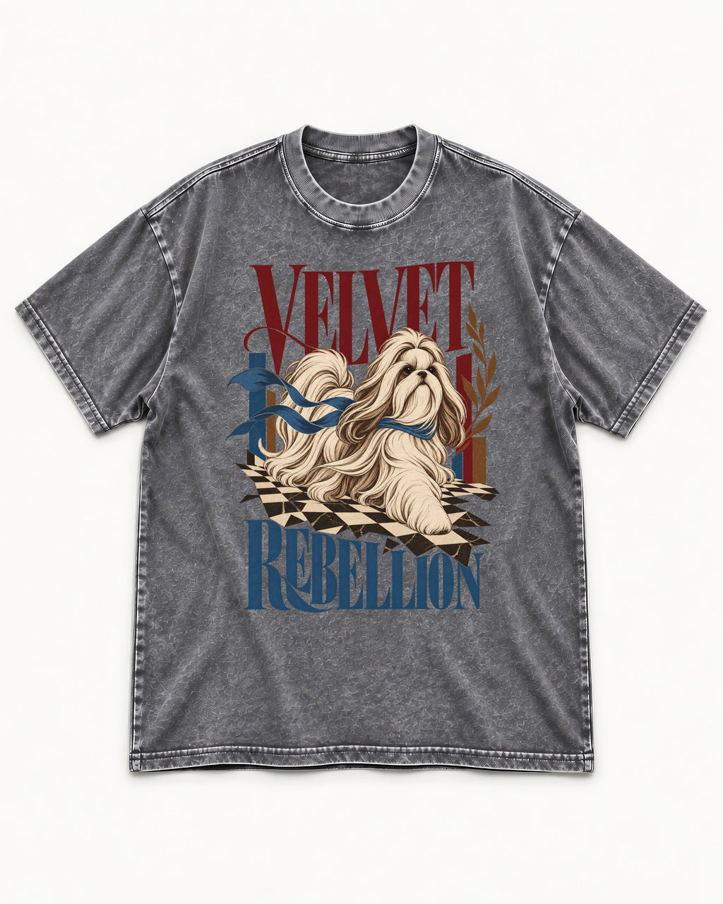 Shih Tzu Velvet Rebellion Checkerboard Graphic Washed Tee in Gray, flat lay product photo