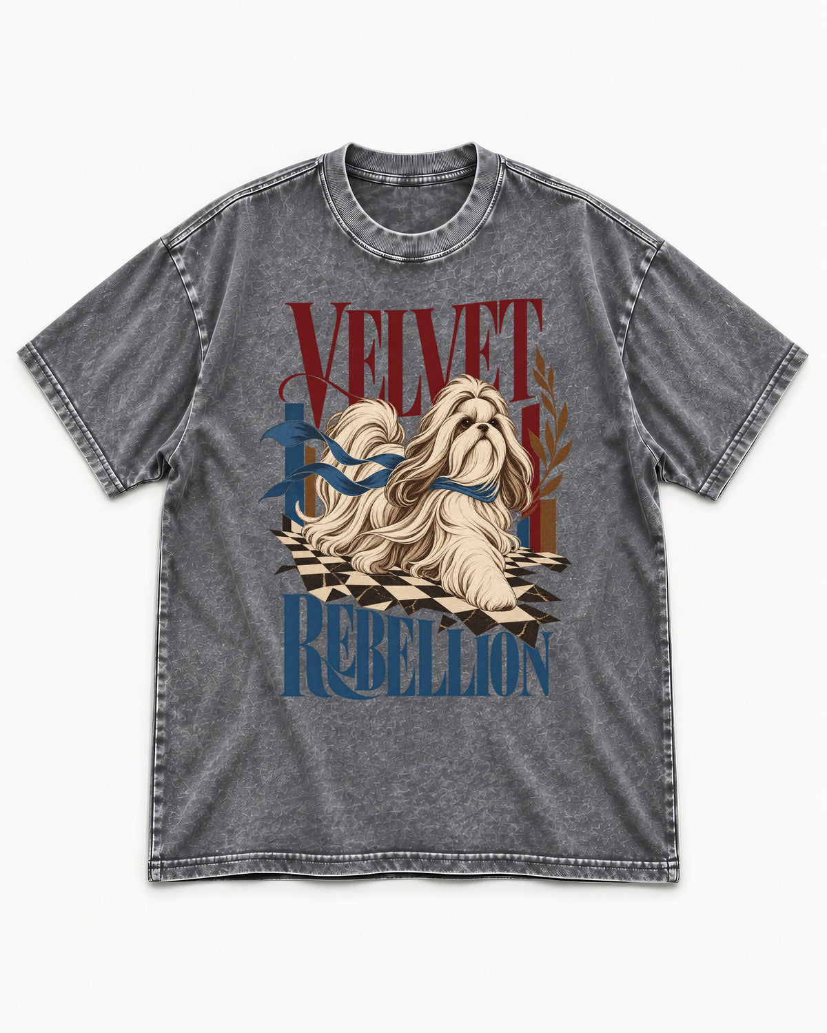 Shih Tzu Velvet Rebellion Checkerboard Graphic Washed Tee in Gray, flat lay product photo