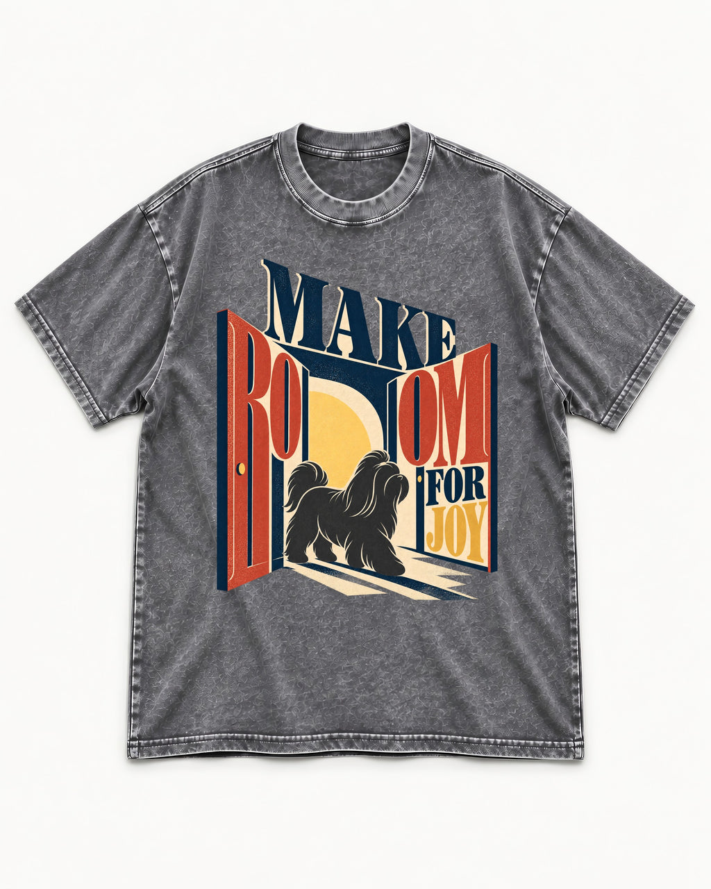 Shih Tzu Make Room for Joy Doorway Graphic Washed Tee in Gray, flat lay product photo