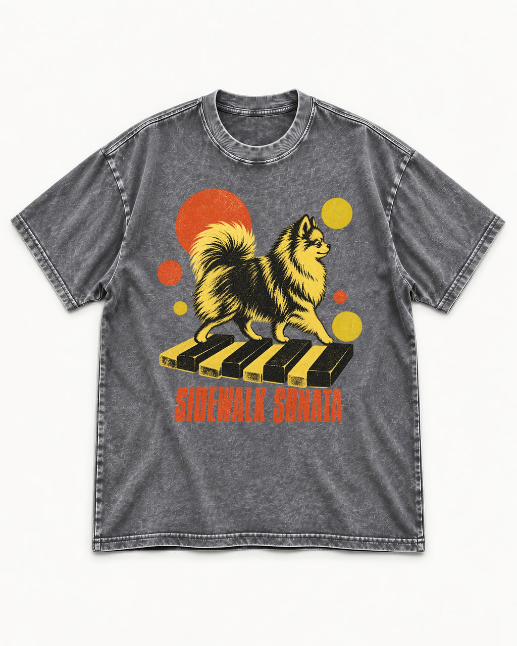 Pomeranian Sidewalk Sonata Piano Graphic Washed Tee in Gray, flat lay product photo
