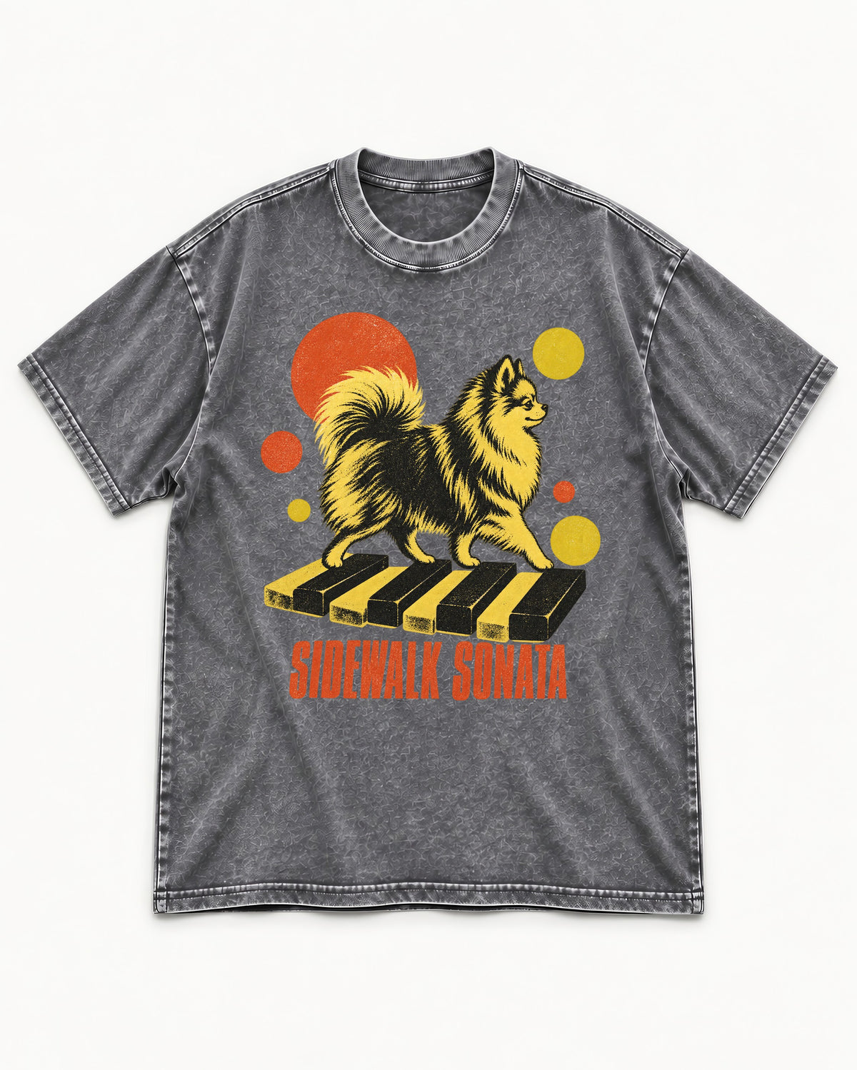 Pomeranian Sidewalk Sonata Piano Graphic Washed Tee in Gray, flat lay product photo