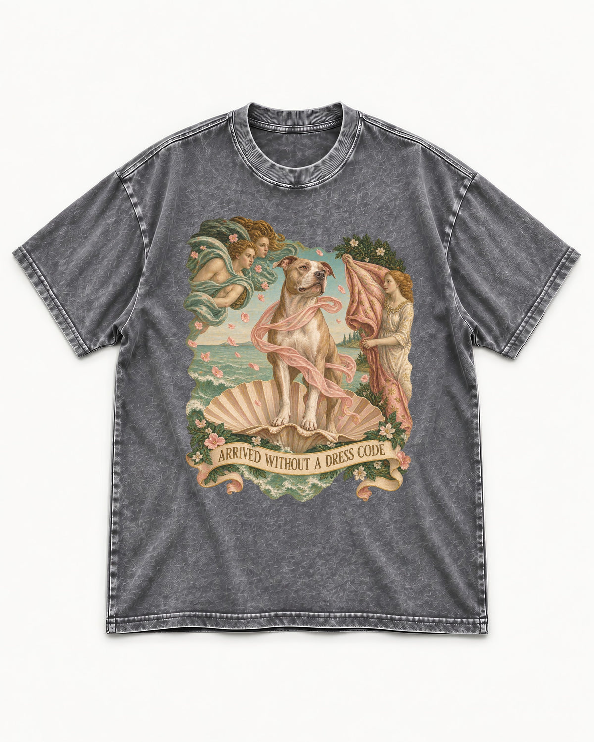 Pitbull Arrived Without a Dress Code Venus Parody Graphic Washed Tee in Gray, flat lay product photo