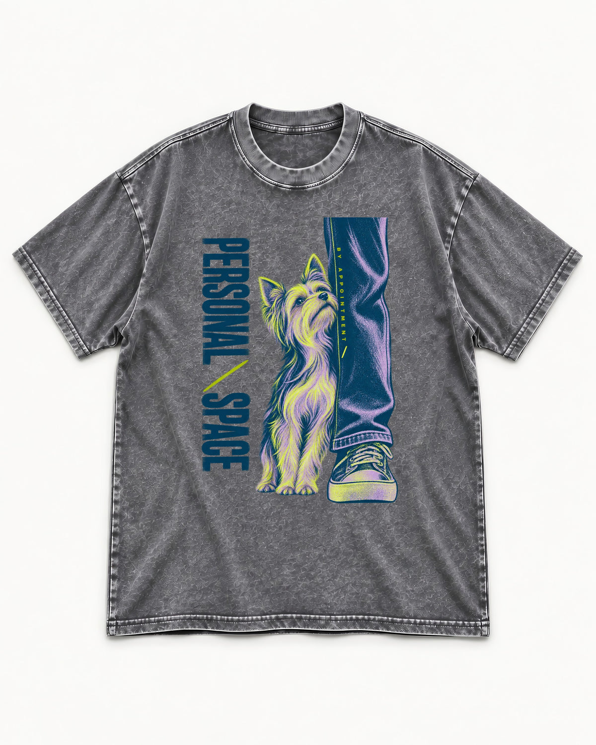 Yorkshire Terrier Personal Space by Appointment Washed Tee in Gray, flat lay product photo