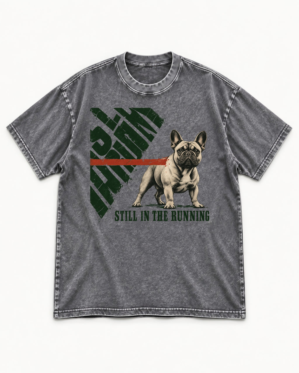 Frenchie Still in the Running Washed Tee in Gray, flat lay product photo