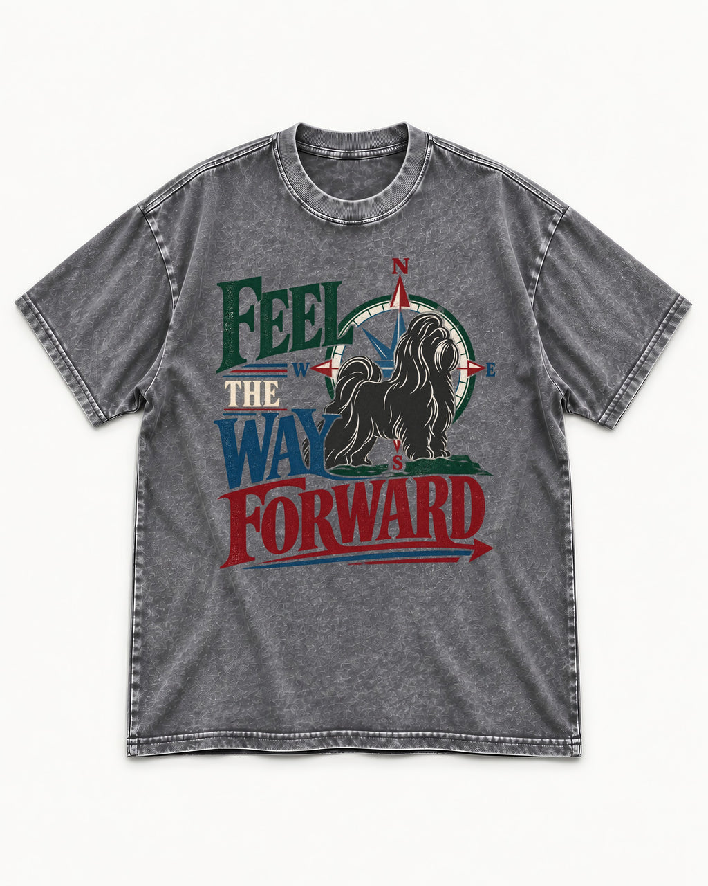 Shih Tzu Feel the Way Forward Compass Graphic Washed Tee in Gray, flat lay product photo
