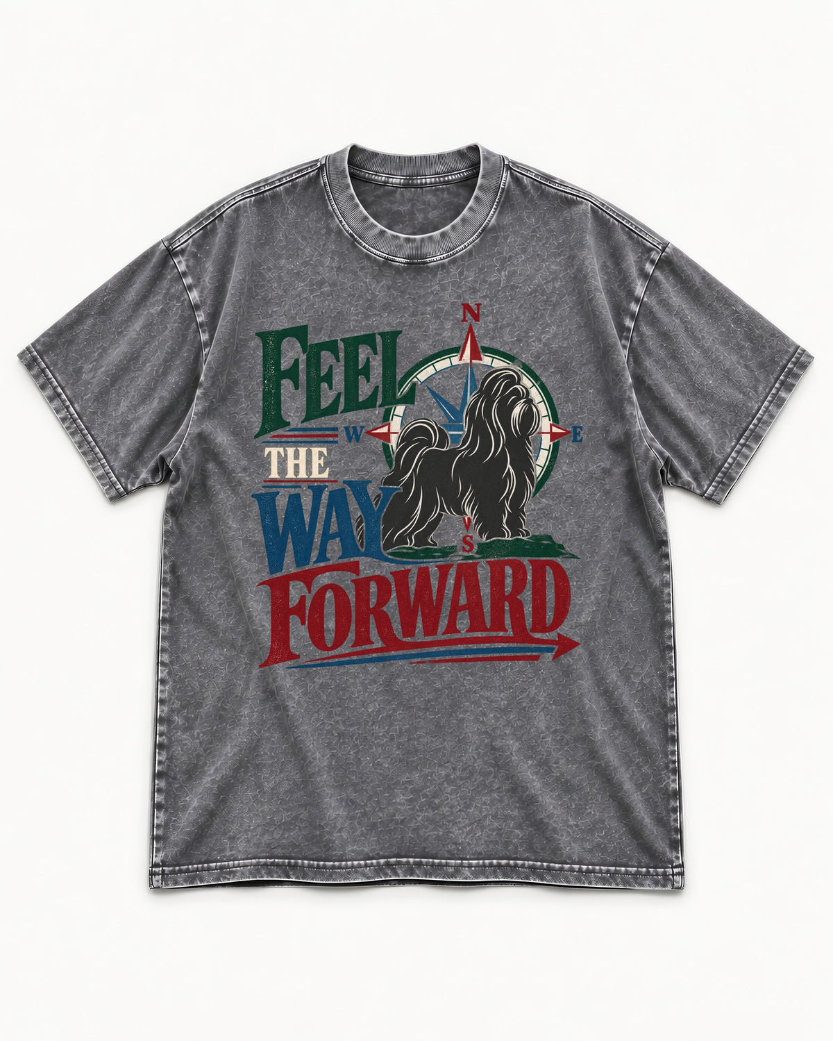 Shih Tzu Feel the Way Forward Compass Graphic Washed Tee in Gray, flat lay product photo