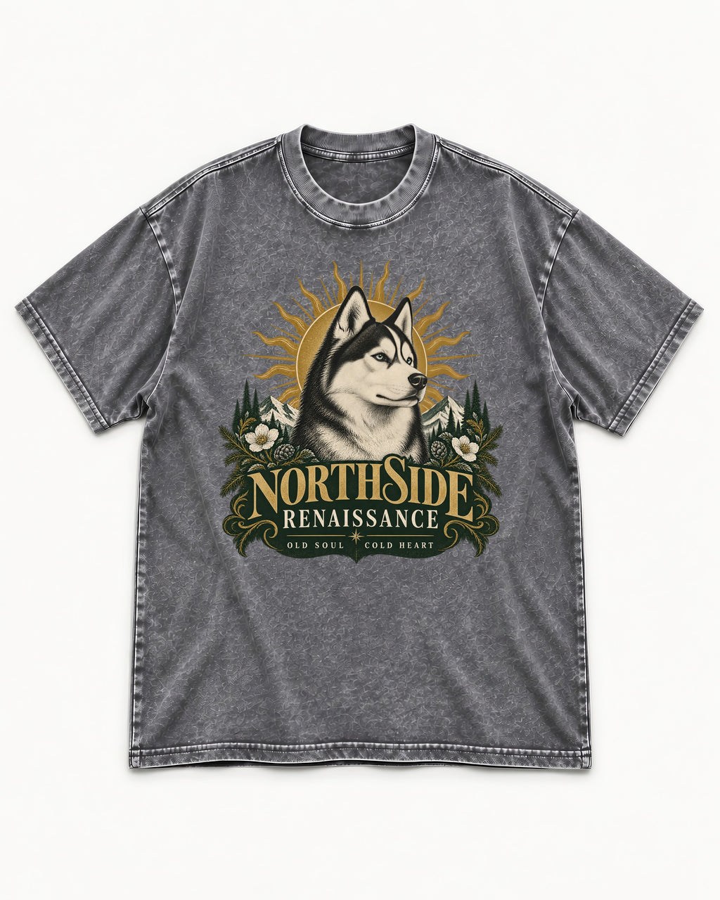 Northside Renaissance Husky Washed Tee in Gray, flat lay product photo