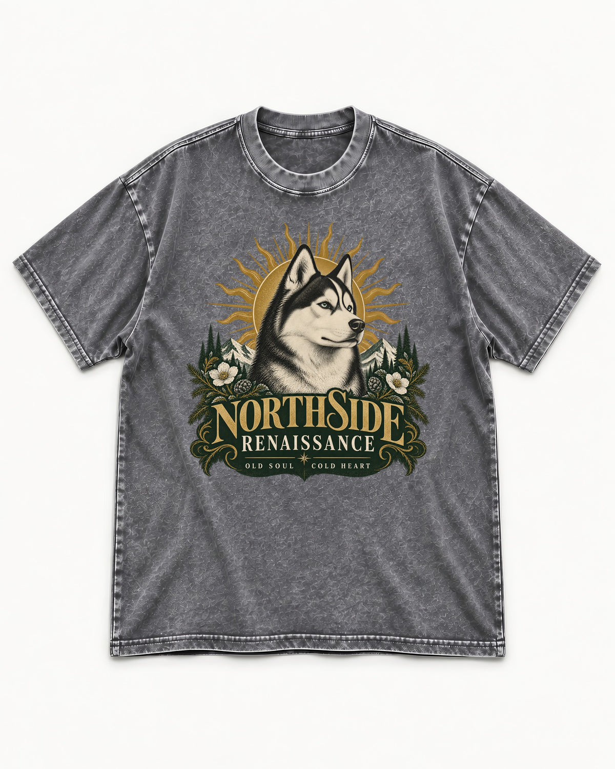 Northside Renaissance Husky Washed Tee in Gray, flat lay product photo